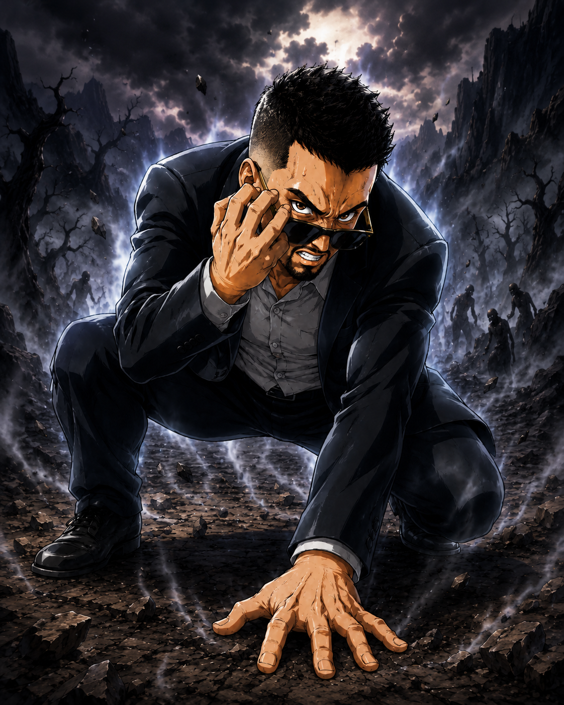 Personagem de Jonathan CZ em estilo anime, ajoelhado em cenário dramático